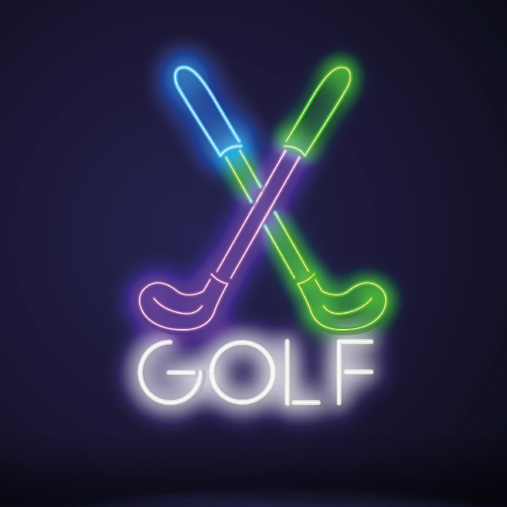 Neonleuchtschild mit zwei sich kreuzenden Golfschlägern in blau und grün und dem Wort "GOLF" in weißen Neonbuchstaben auf einem dunklen Hintergrund.